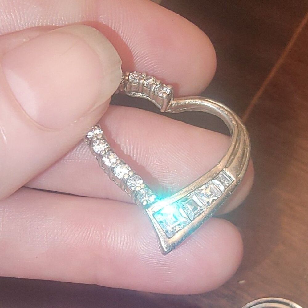 Sterling Silver Open Heart slide Pendant w Round & Baguette Diamonds signed JG
